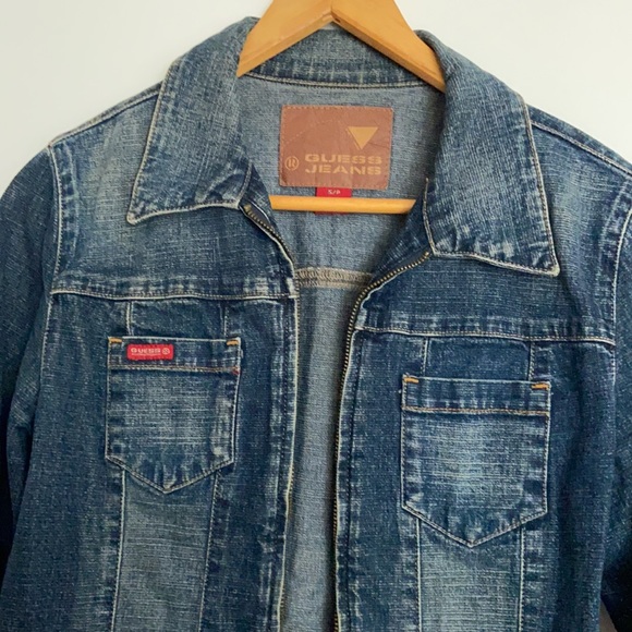 GUESS Vintage Small Jean jacket zipper front sleeve Blue 90s retro denim coat - Picture 2 of 13